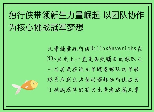 独行侠带领新生力量崛起 以团队协作为核心挑战冠军梦想