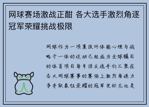 网球赛场激战正酣 各大选手激烈角逐冠军荣耀挑战极限