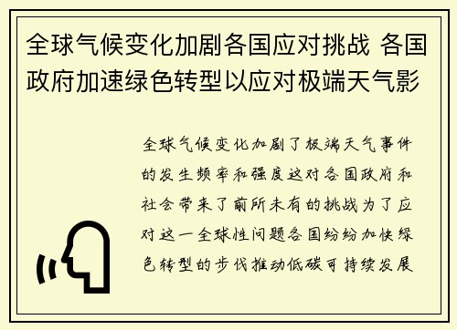 全球气候变化加剧各国应对挑战 各国政府加速绿色转型以应对极端天气影响