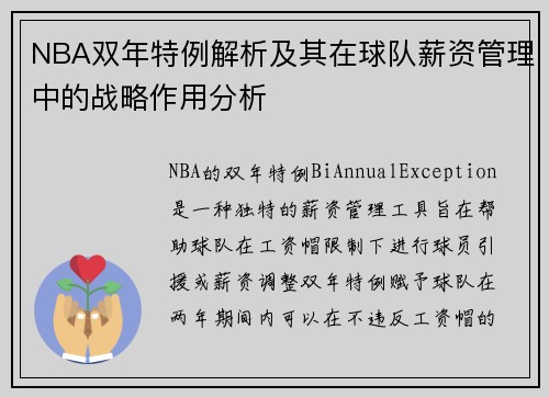 NBA双年特例解析及其在球队薪资管理中的战略作用分析