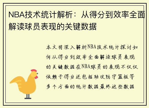 NBA技术统计解析：从得分到效率全面解读球员表现的关键数据