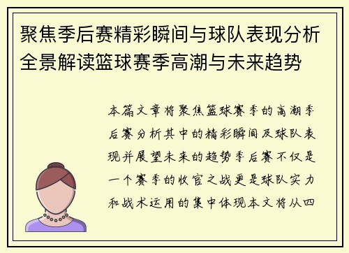 聚焦季后赛精彩瞬间与球队表现分析全景解读篮球赛季高潮与未来趋势 聚焦季后赛精彩瞬间与球队表现分析全景解读篮球赛季高潮与未来趋势